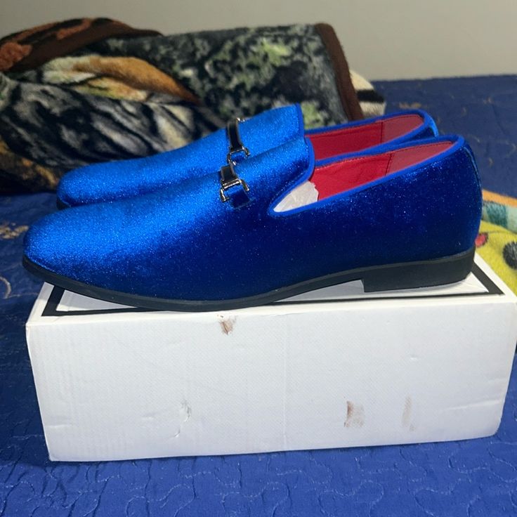 Blue Suede Dressing Shoes Barely Used Once Brand New Condition Blue Pointed Toe Dress Shoes For Formal Occasions, Blue Slip-on Dress Shoes For Party, Blue Pointed Toe Formal Loafers, Blue Round Toe Loafers For Party, Blue Pointed Toe Loafers For Formal Occasions, Blue Loafers With Round Toe For Party, Blue Low-top Dress Shoes For Formal Occasions, Blue Round Toe Dress Shoes For Spring, Formal Blue Flat Loafers