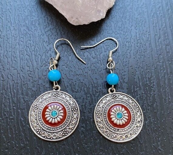 Boho drop earrings, Silver circle earrings, Antique tribal earrings, Hippie dangle earrings, Indian floral earrings, Bohemian jewelry Bohemian Metal Drop Flower Earrings, Bohemian Metal Flower Drop Earrings, Adjustable Bohemian Drop Flower Earrings, Bohemian Dangle Flower Earrings For Pierced Ears, Red Bohemian Circular Jewelry, Bohemian Multicolor Hypoallergenic Jewelry, Red Bohemian Drop Flower Earrings, Hypoallergenic Bohemian Dangle Earrings, Hypoallergenic Dangle Earrings For Festivals