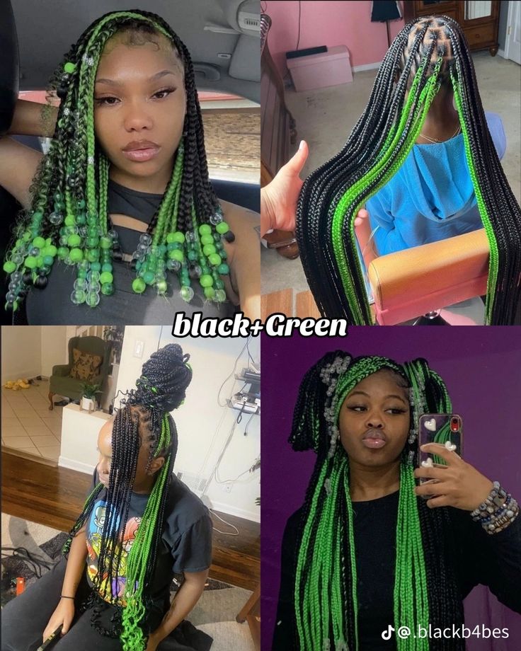 Braids For Black Women Different Colors, Green Peekaboo Braids With Curls, Green Black Braids, Black And Colored Braids, Black And Green Knotless Braids, Black And Green Braids, Jade Braids, Mixed Braids, Euphoria Hair