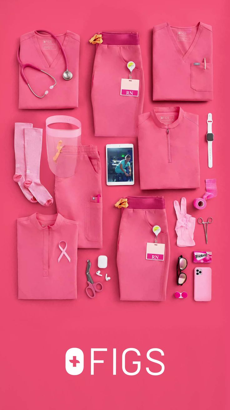 pink clothing and accessories are arranged on a bright pink background with the words figs above it