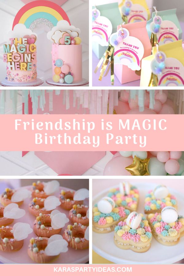 a collage of photos with the words, friends is magic birthday party and other items