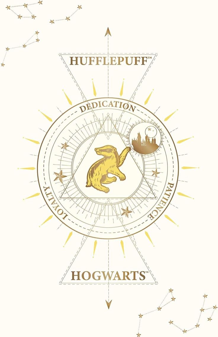 the hogwart's logo is shown in gold and white with stars around it