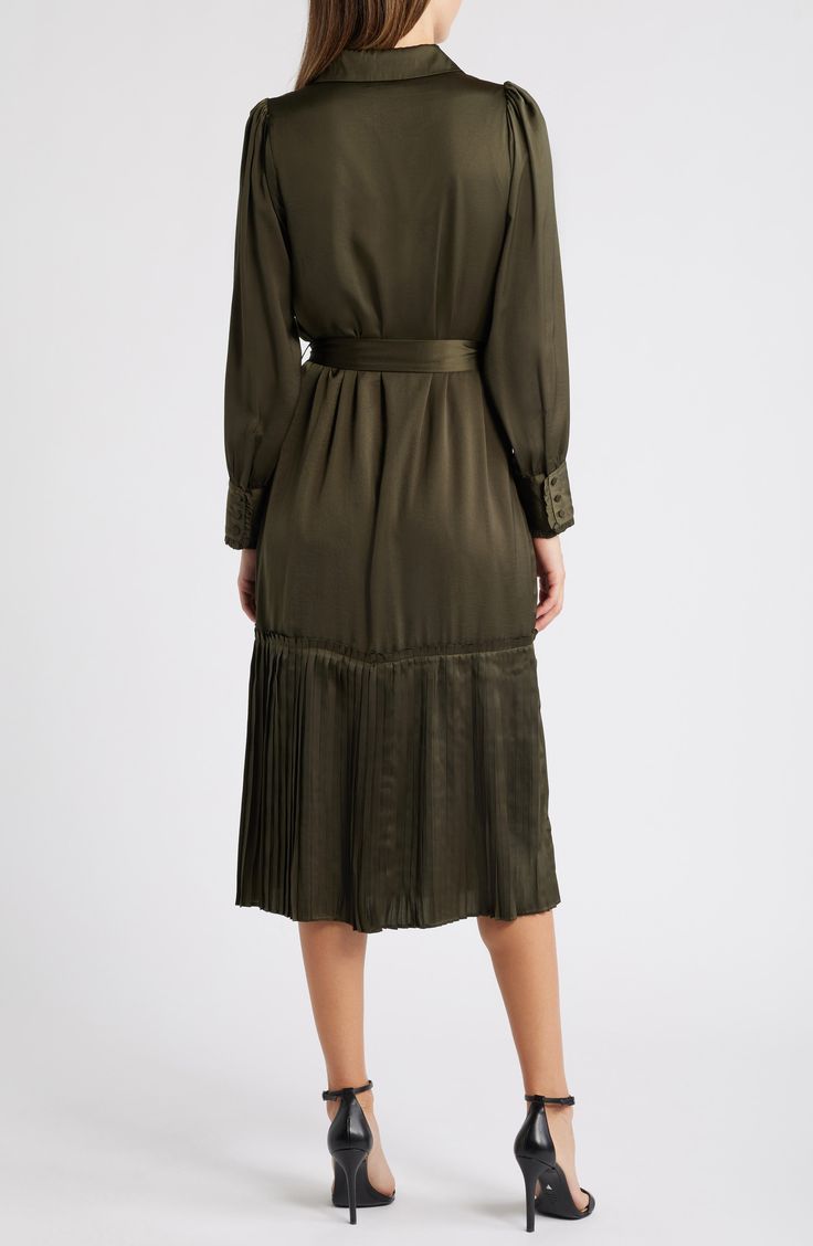 Take contemporary sophistication a step further with this smooth satin shirtdress finished with impeccable pleats on the skirt. Front button closure Point collar Long sleeves Removable tie belt 100% polyester Hand wash, dry flat Imported Olive Green, Satin, Nordstrom, Collar, Long Sleeve