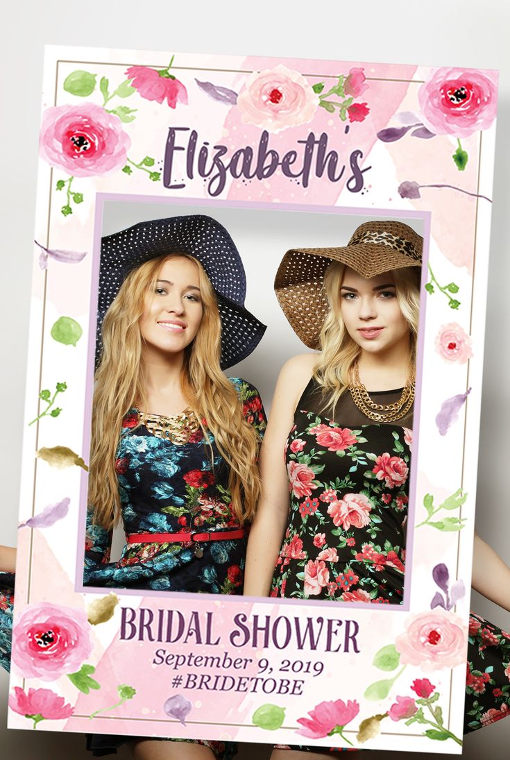 two beautiful young women wearing hats in front of a floral frame with the words, elizabeth's bridal shower