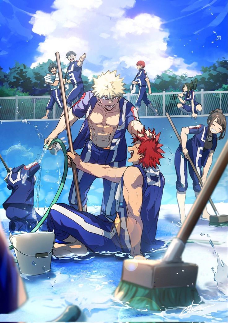 an anime scene with two men in the water and one is holding a broom while another man