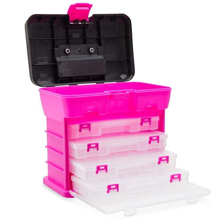 three plastic storage containers stacked on top of each other with pink lids and dividers