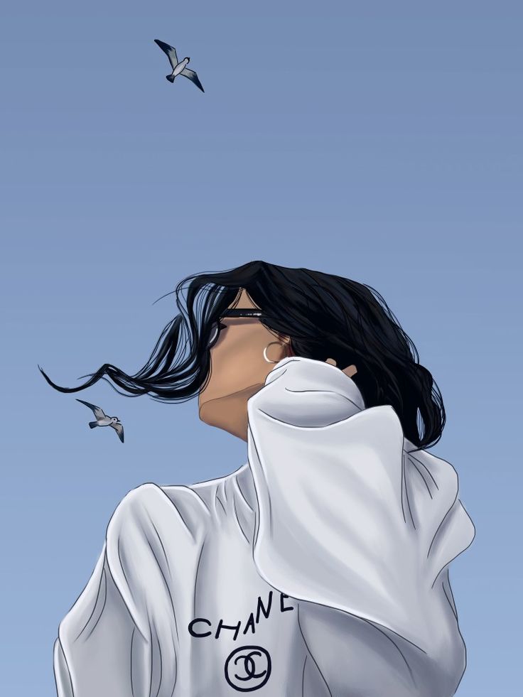 a drawing of a woman wearing a white hoodie with birds flying in the background