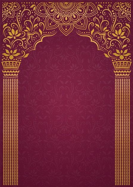 Elegant golden arch and pillar on burgun... | Premium Vector #Freepik #vector #line #golden-line #elegant-background #line-background Ganpati Invitation Card, Golden Arch, Royal Background, Indian Wedding Invitation Card Design, Wedding Background Images, Wedding Card Frames, Red Background Images, Digital Invitations Wedding, Islamic Wallpaper Hd