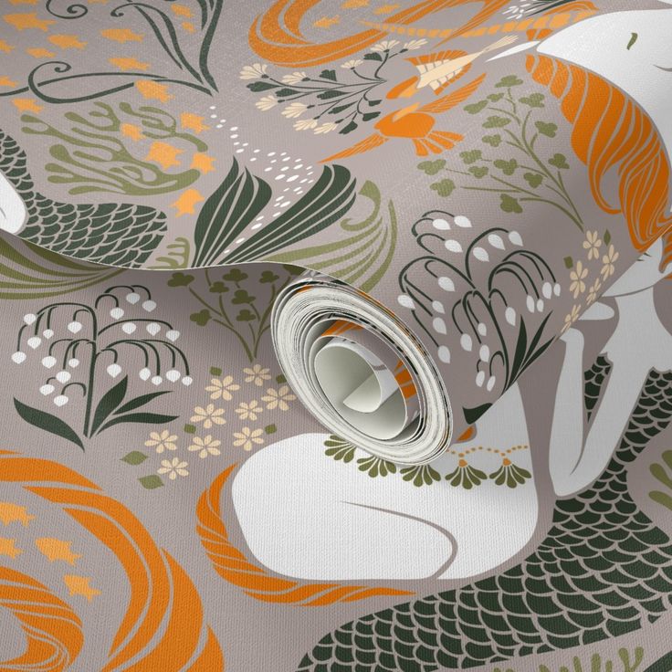 an orange and green floral wallpaper with white flowers on grey background, showing the design