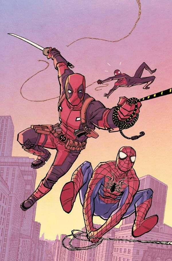 spider - man and deadpool flying through the air