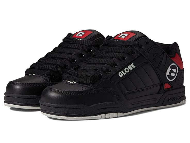 Globe Tilt - Men's Skate Shoes : Black/Chilli : Keep your style going strong with the iconic silhouette and cushioned support of the Globe Tilt skate shoes. Skateboard shoes with leather uppers. Large Globe brandings on upper. Flush and stitched PVC lace eyelets. Hidden lacing options in key areas for added lace protection. Thicker outer sidewalls for added durability. Padded tongue and collar for added comfort. Breathable slip-resistant lining for a more stable skate. Cupsole construction. Rubb Skateboarding Shoes With Abzorb Midsole, Lace-up Rubber Sole Skate Shoes, Lace-up Skate Shoes With Rubber Sole, Skate Shoes With Padded Tongue And Round Toe, Skate Shoes With Padded Tongue And White Sole, Low-top Skate Shoes With Laces For Skateboarding, Low-top Lace Skate Shoes For Skateboarding, Black Skate Shoes With Laces For Skateboarding, Low-top Skate Shoes With Laces