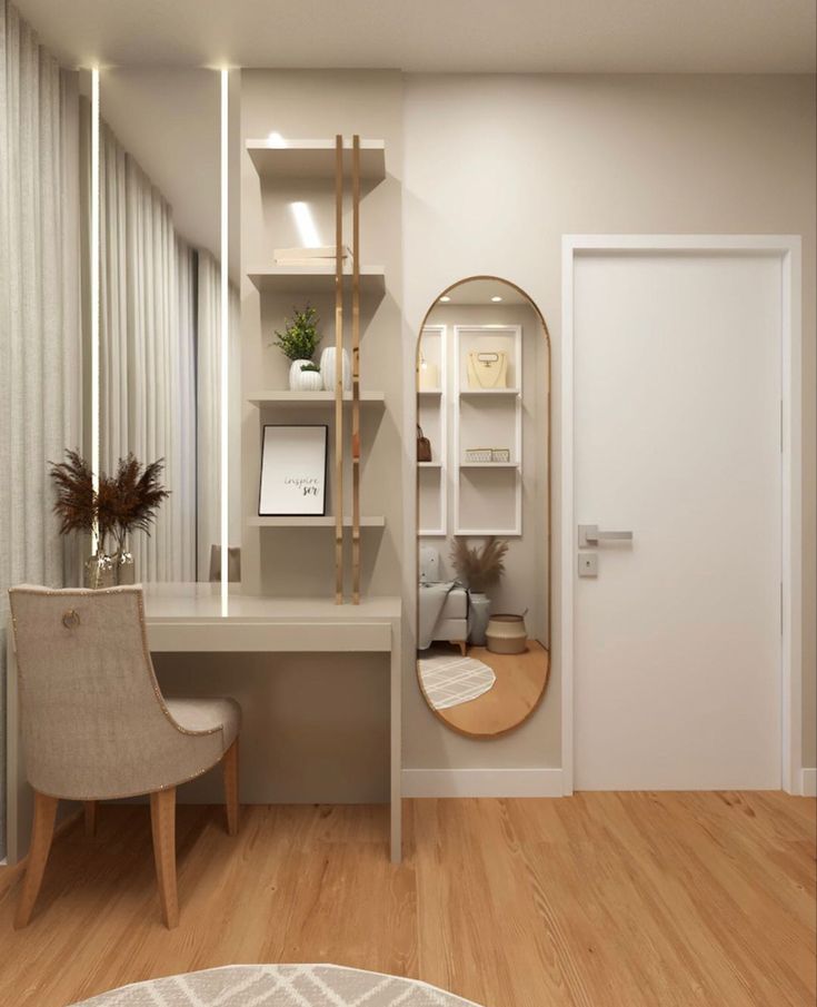 a room with a desk, mirror and chair in it that is decorated in neutral colors