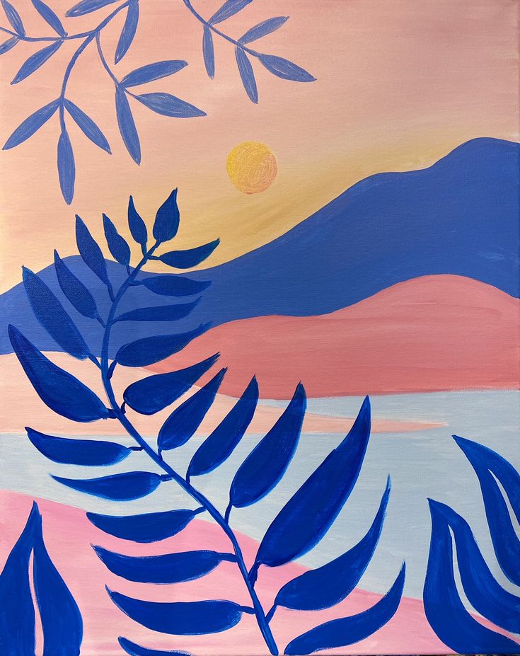 a painting with blue leaves in the foreground and a pink sky behind it,