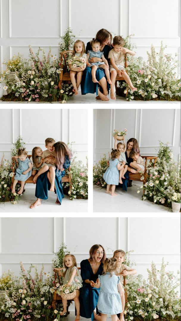 a collage of photos with children and flowers