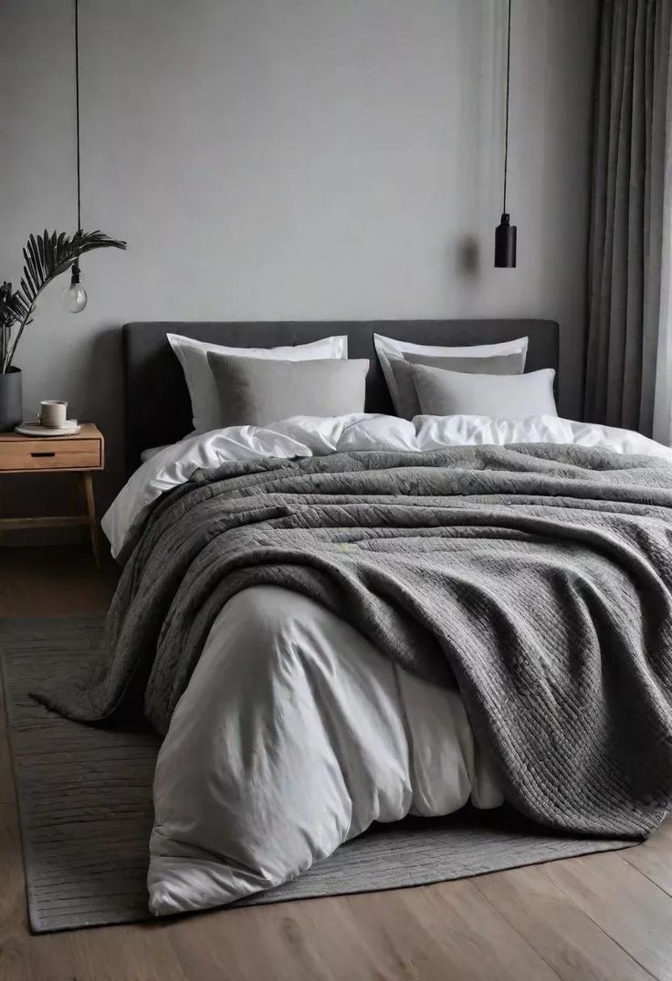 a bed with white sheets and pillows in a gray room next to a large window