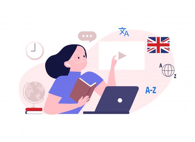 a woman sitting at a desk with a laptop and book in front of her, surrounded by symbols from around the world