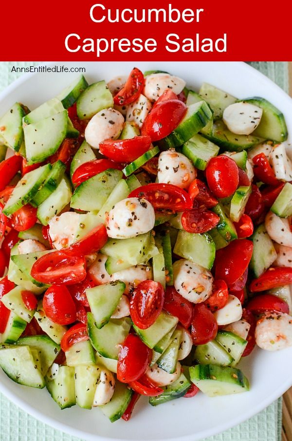 cucumber caprese salad in a white bowl