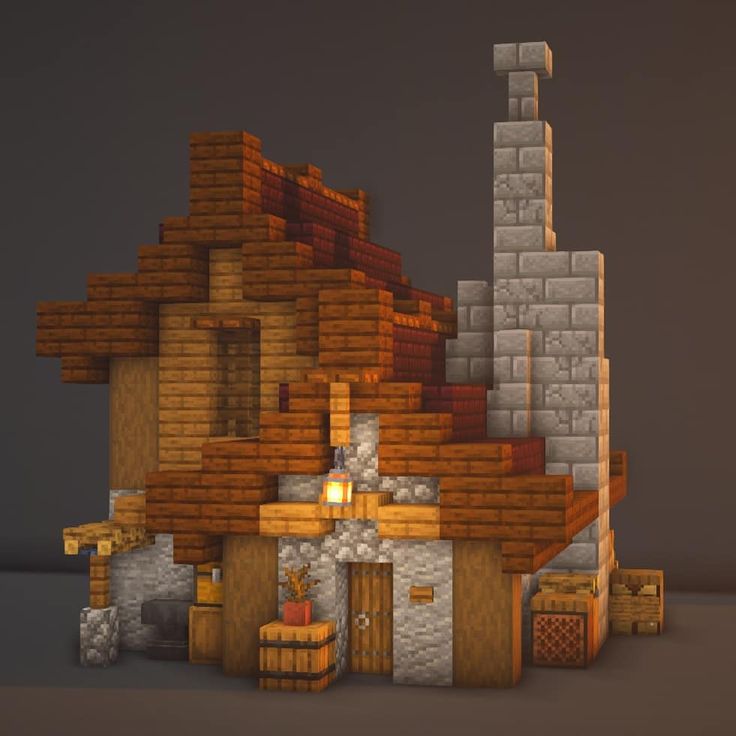 an image of a house made out of wood and bricks with a lamp on top