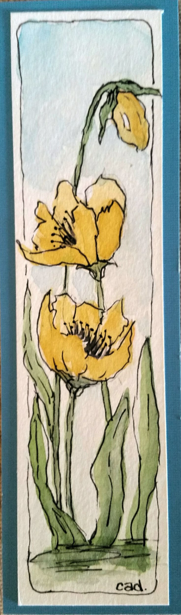 a drawing of yellow flowers in a blue frame