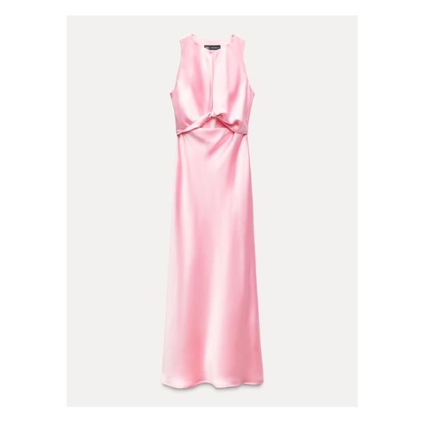 Round neck sleeveless dress. Knot detail and front opening. Side hidden in-seam zipper and hidden front button closure. Dress Knot, Vestidos Color Rosa, Zara Dress, Beauty Sale, Satin Midi Dress, Pink Satin, Womens Midi Dresses, Dress Pink, Zara Dresses