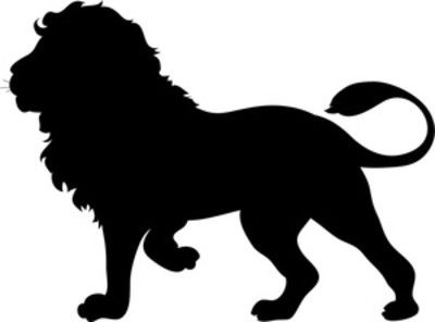 a black and white silhouette of a lion standing on one leg with its tail curled up