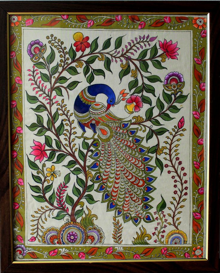 an intricately painted peacock with flowers and leaves