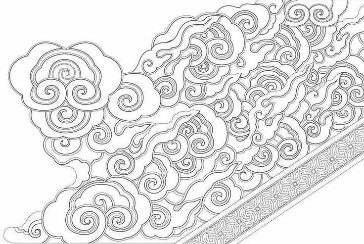 an intricately designed pattern with swirls and clouds in black and white on a white background