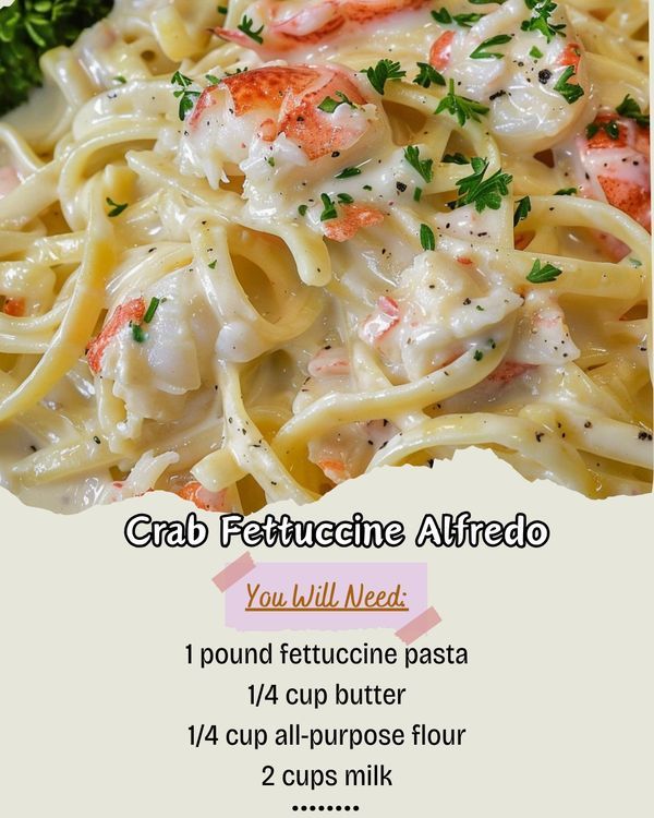 the menu for crab fettuccine alfredo is shown