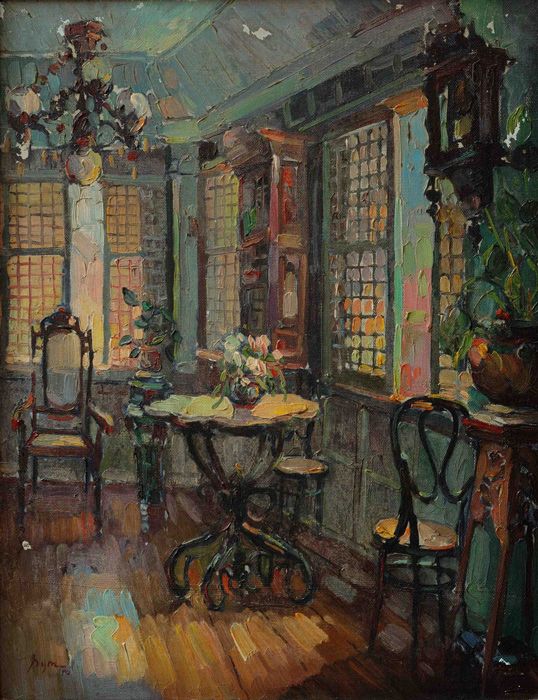 an oil painting of a dining room with chairs and a table in front of two windows