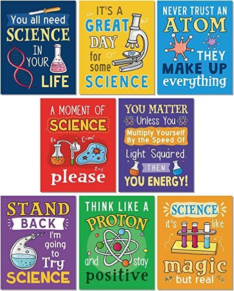 a set of six magnets with different sayings on each one and an image of science