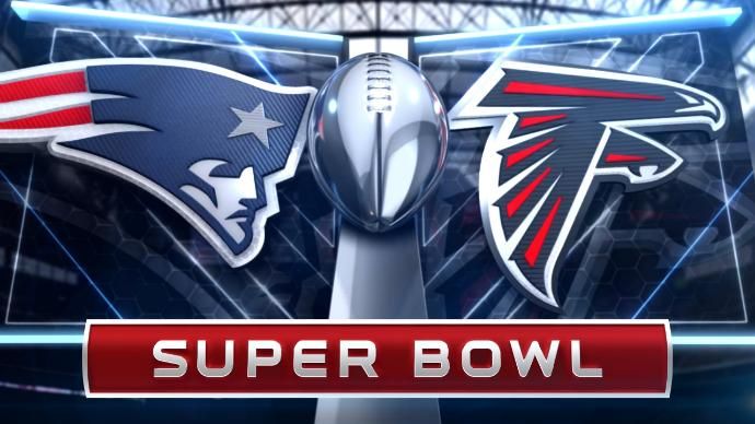 the new england and atlanta logos on a football stadium background with text super bowl in red, white and blue