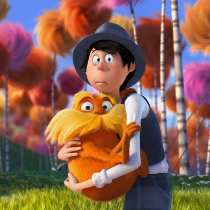 an animated character holding a stuffed animal in front of some trees and grass with the words,