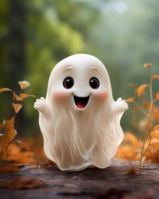 a white ghost sitting on top of a leaf covered ground