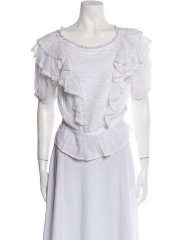 Étoile Isabel Marant BlouseWhiteLace, Pleated & Ruffle AccentsShort Sleeve with Scoop NeckButton Closure at BackDesigner Fit: Tops by Étoile Isabel Marant typically fit true to size. Short Sleeve Ruffled Blouse For Daywear, Daywear Short Sleeve Blouse With Ruffles, White Feminine Short Sleeve Top For Summer, Etoile Isabel Marant, Short Sleeve Cropped Top, Hat Shop, Short Sleeve Blouse, Casual Jeans, Isabel Marant