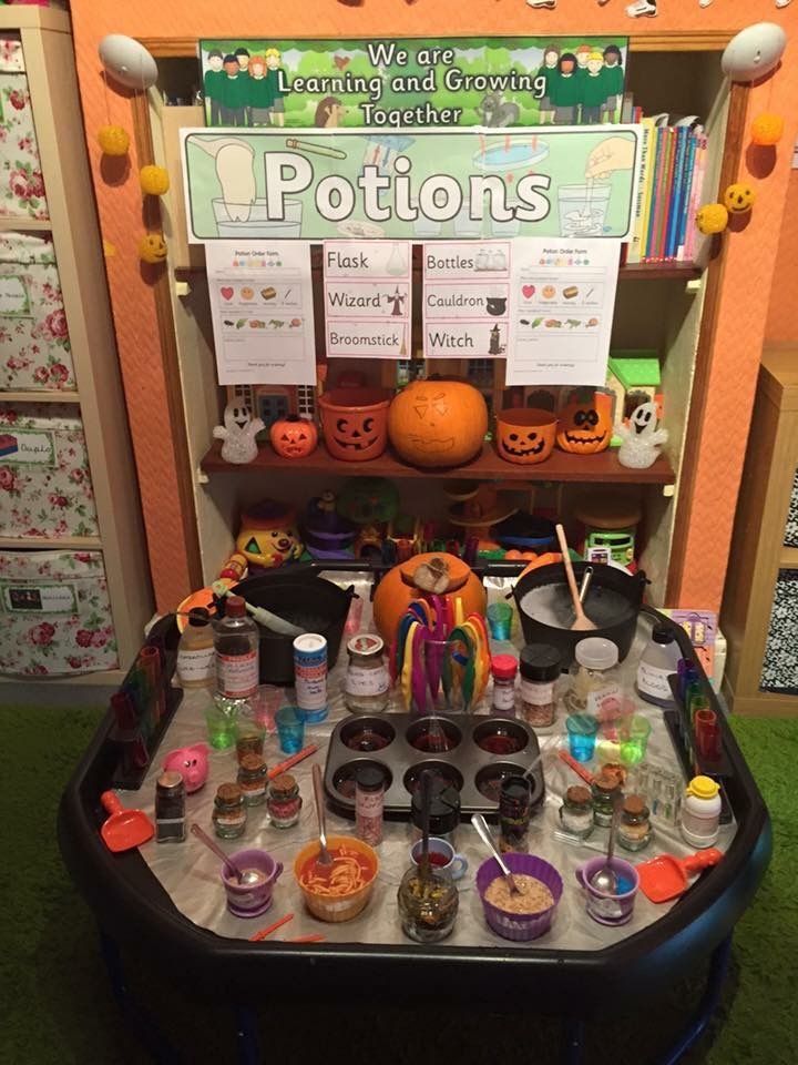 an assortment of halloween items on display in a room with orange walls and green carpet