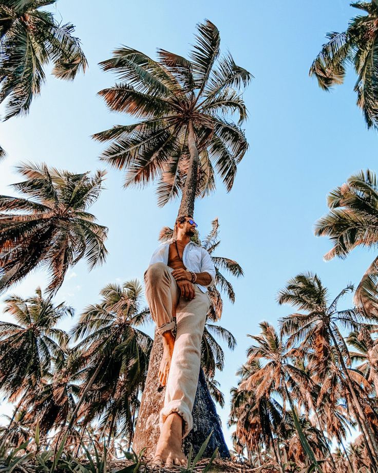 Photography Pose Photoshoot With Palm Trees, Palm Trees Photoshoot, Palm Tree Portrait, Palm Tree Poses Beaches, Maldives Men Photography, Beach Inspo Pics Family, Photo With Palm Tree, Palm Tree Photoshoot Ideas, Poses With Palm Trees