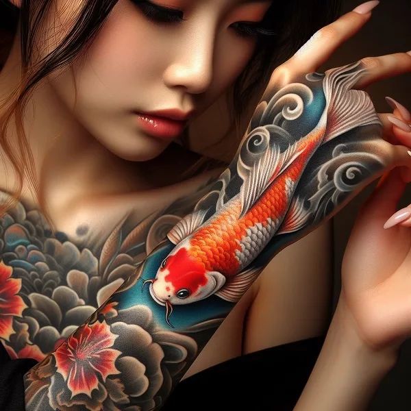 a woman with a tattoo on her arm and hand holding a koi fish in front of her face