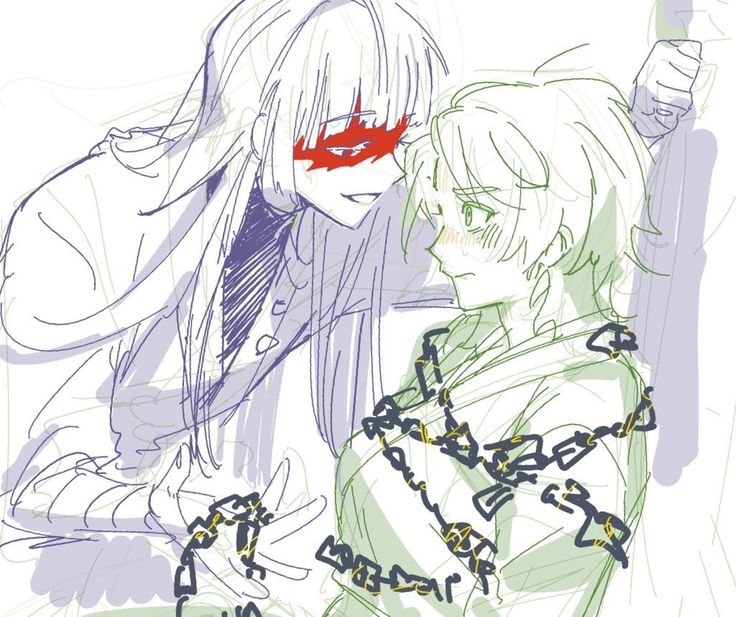 two anime characters with chains around their necks, one holding the other's hand