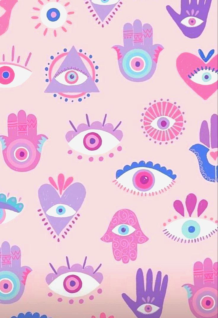 a pink background with lots of different colored hands and hearts in the shape of eyeballs