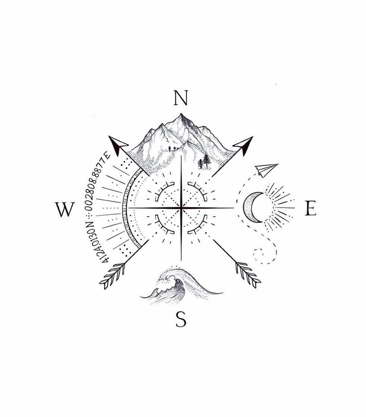 a compass with mountains in the background and stars on it, as well as an arrow