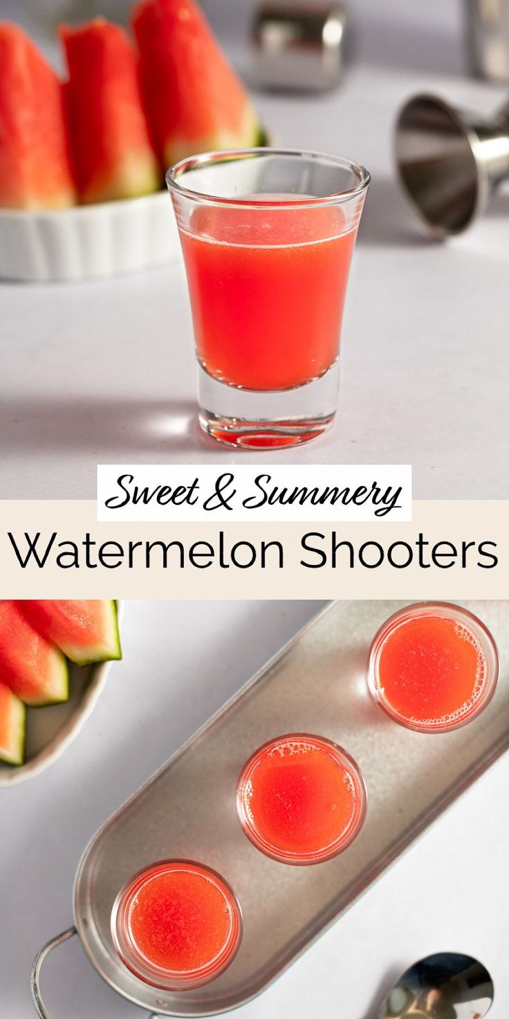 watermelon shots are sitting on a table with spoons