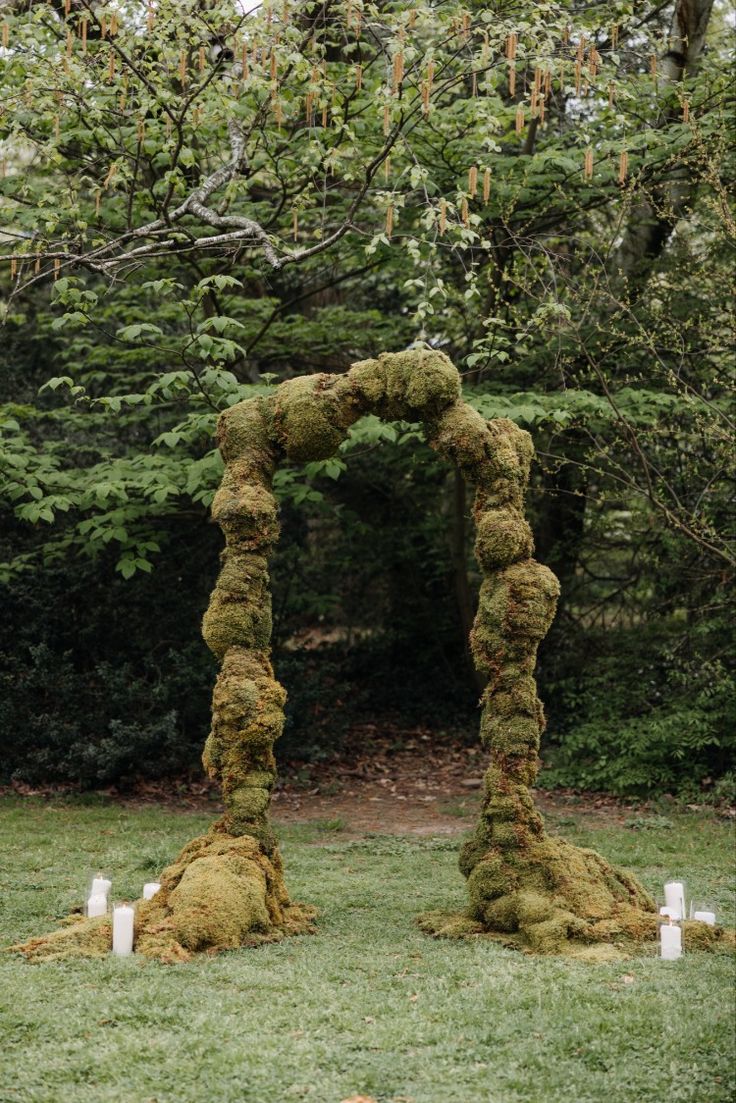 moss covered archways in the middle of a field with candles on each side and trees behind them