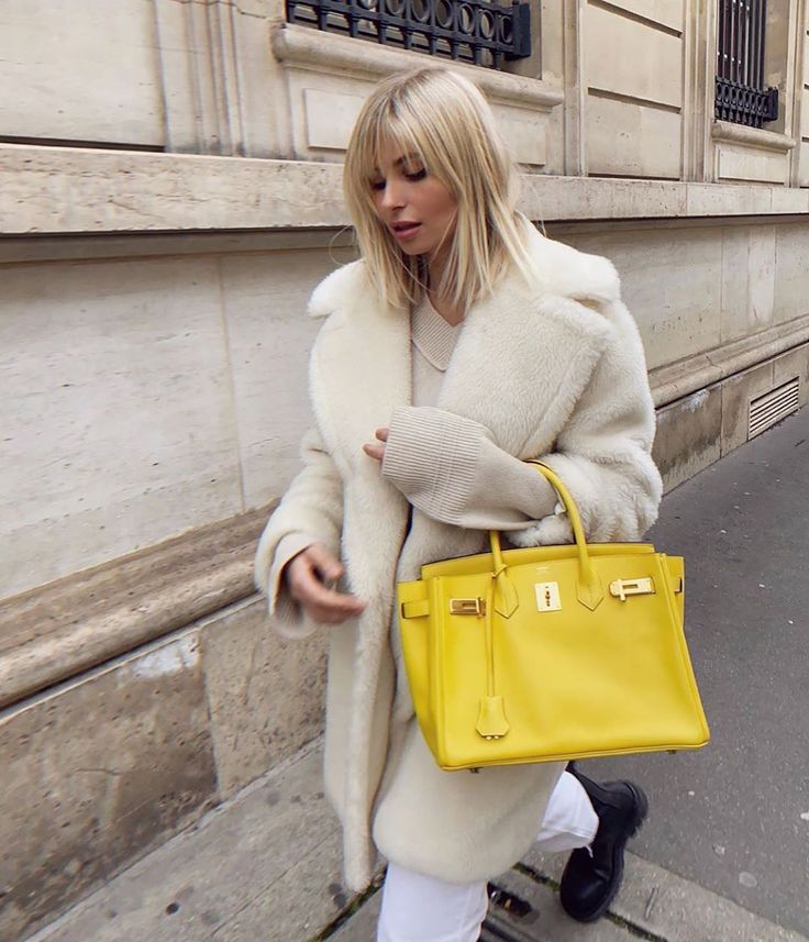 Hermes yellow Birkin 30 bag with gold hardware by PSL Yellow Bag Street Style, Jeans Diy Refashion, Birkin Outfit, Yellow Bag Outfit, Xenia Adonts, Bag Street Style, Bag Outfit, Winter Outfits Cold, Winter Outfit Inspiration