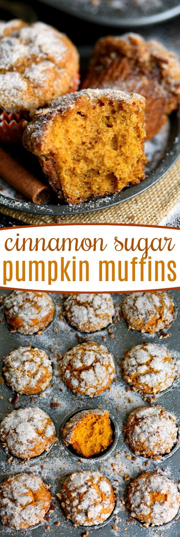 cinnamon sugar pumpkin muffins on a baking sheet and in a muffin tin