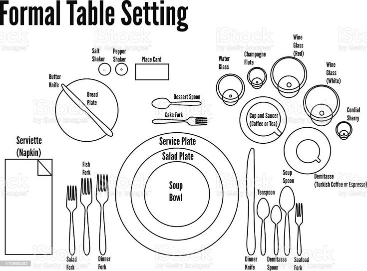 a table setting with place settings and utensils in black on a white background