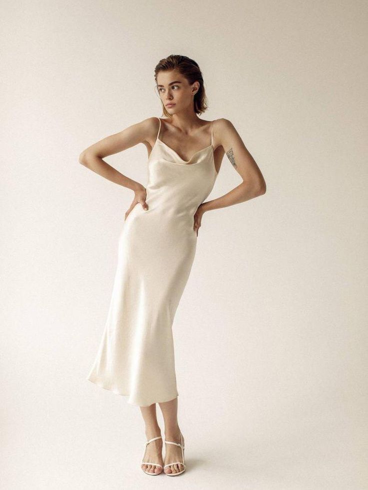 Slip Midi Dress, Studio Poses, Silk Dress Long, Studio Photoshoot, Cowl Neck Dress, Photoshoot Dress, Silk Slip, Fashion Design Clothes, Fashion Shoot