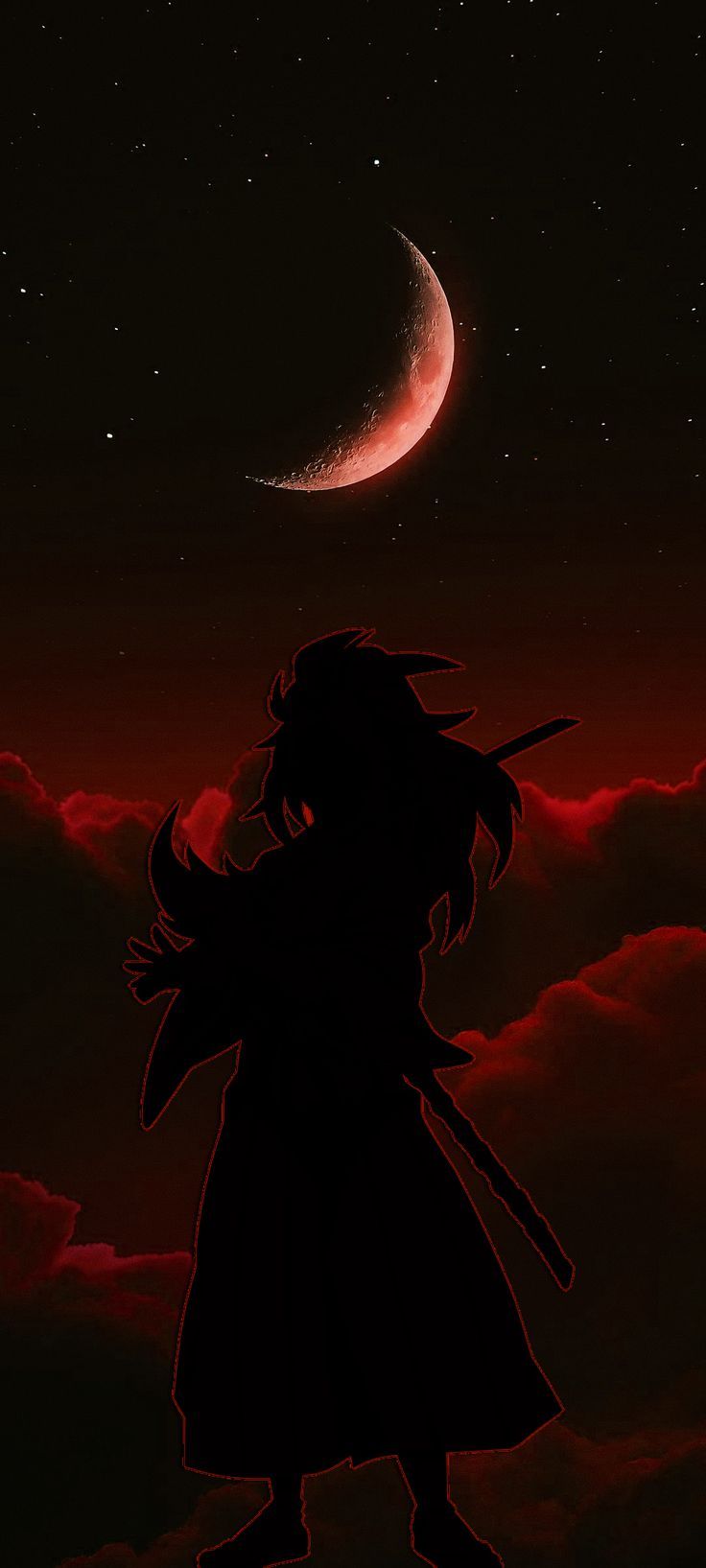 the silhouette of a person standing in front of a red sky with a half moon