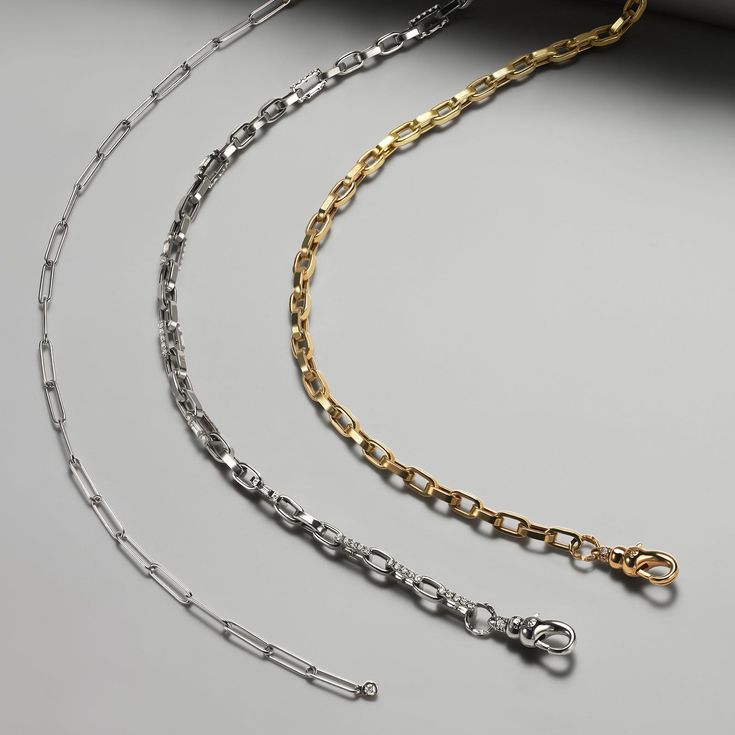 === A versatile blend of 18kt white gold paperclip chain and yellow gold anchor chain. The paperclip side is accented with a single diamond set in yellow gold, while the diamond-studded clasp allows for adjustable wear as a traditional chain or lariat. Stone: Natural Diamond (0.06ct) Size: 50cm / 19.7in 60cm / 23.6in Material: Recycled 18kt Yellow Gold Recycled 18kt White Gold Made In: Japan Resizable: Yes Personalization: Not Available === Bold. Edgy. Limitless. The Duo Chain Collection is insp Constellation Earrings, Hope Bracelet, Vintage Elements, Pocket Watch Antique, Anchor Chain, Pave Diamond Ring, Emerald Necklace, Chains Necklaces, Pave Ring