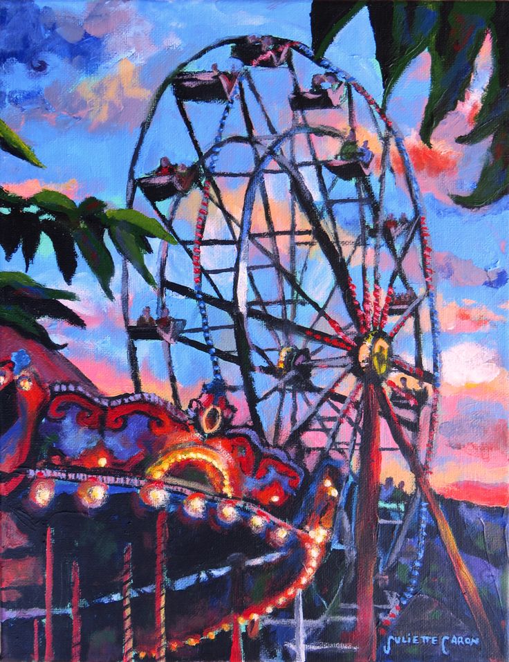 an oil painting of a ferris wheel at dusk