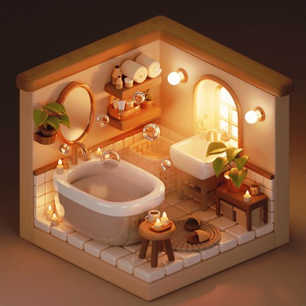 a miniature model of a bathroom with a tub and sink in the center, surrounded by candles